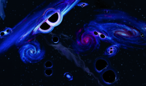 Artist's depiction of binary black holes throughout the cosmos