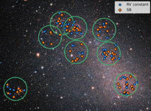 Massive stars in the Small Magellanic Cloud, with red diamonds marking binary systems