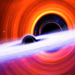 An artists impression of two black holes merging. One black hole has a tilt.